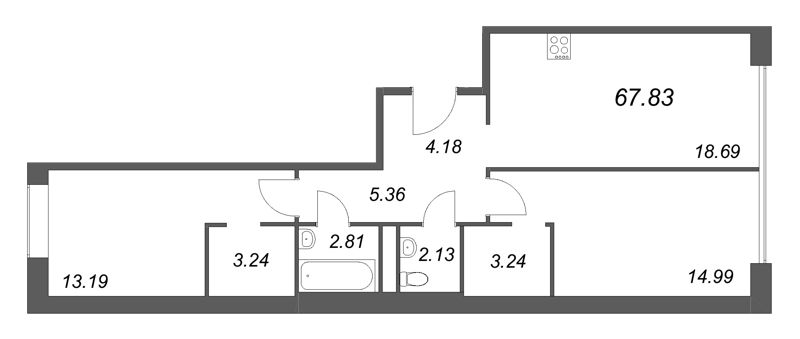 3-комнатная (Евро) квартира, 67.83 м² в ЖК "Avant" - планировка, фото №1