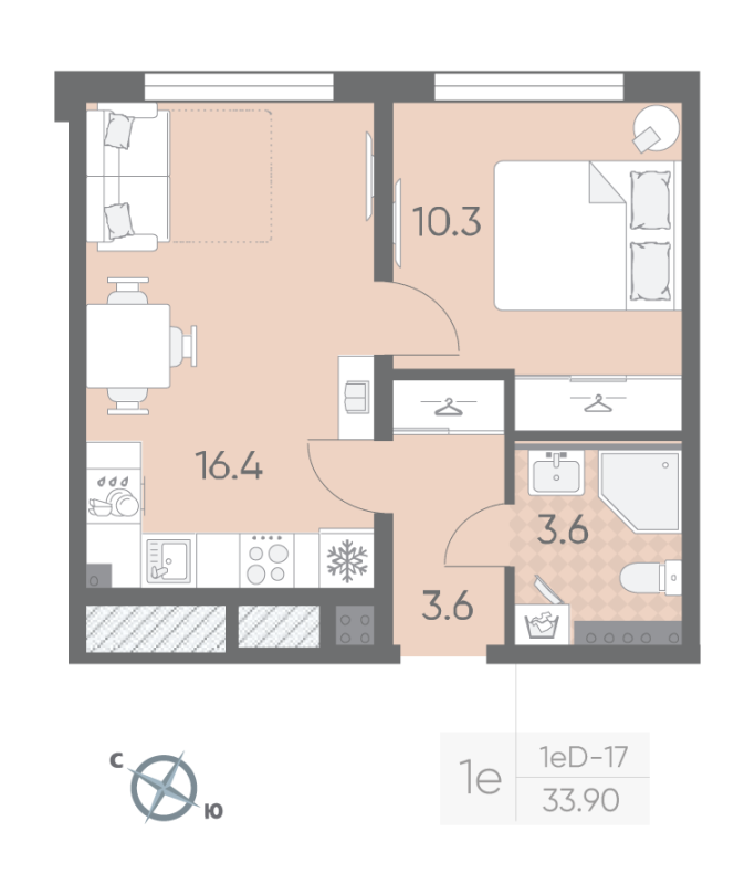 2-комнатная (Евро) квартира, 33.9 м² в ЖК "Пулково Lake" - планировка, фото №1