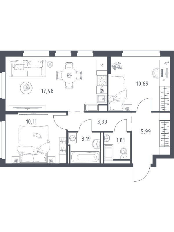 3-комнатная (Евро) квартира, 53.26 м² в ЖК "Новое Колпино" - планировка, фото №1