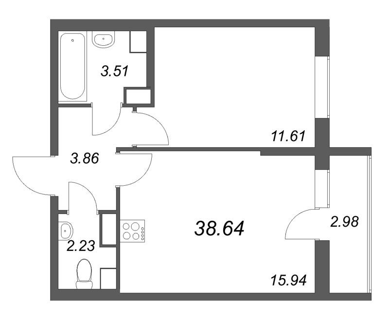 2-комнатная (Евро) квартира, 38.64 м² в ЖК "Кинопарк" - планировка, фото №1