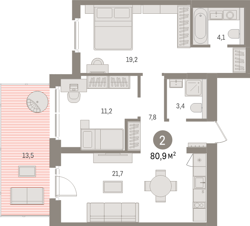 3-комнатная (Евро) квартира, 80.9 м² в ЖК "Брусника в Новоселье" - планировка, фото №1