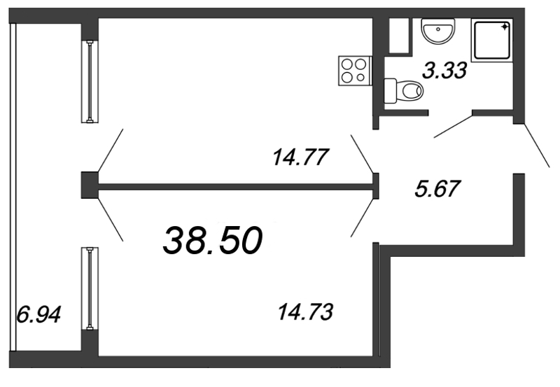 1-комнатная квартира, 45.1 м² - планировка, фото №1