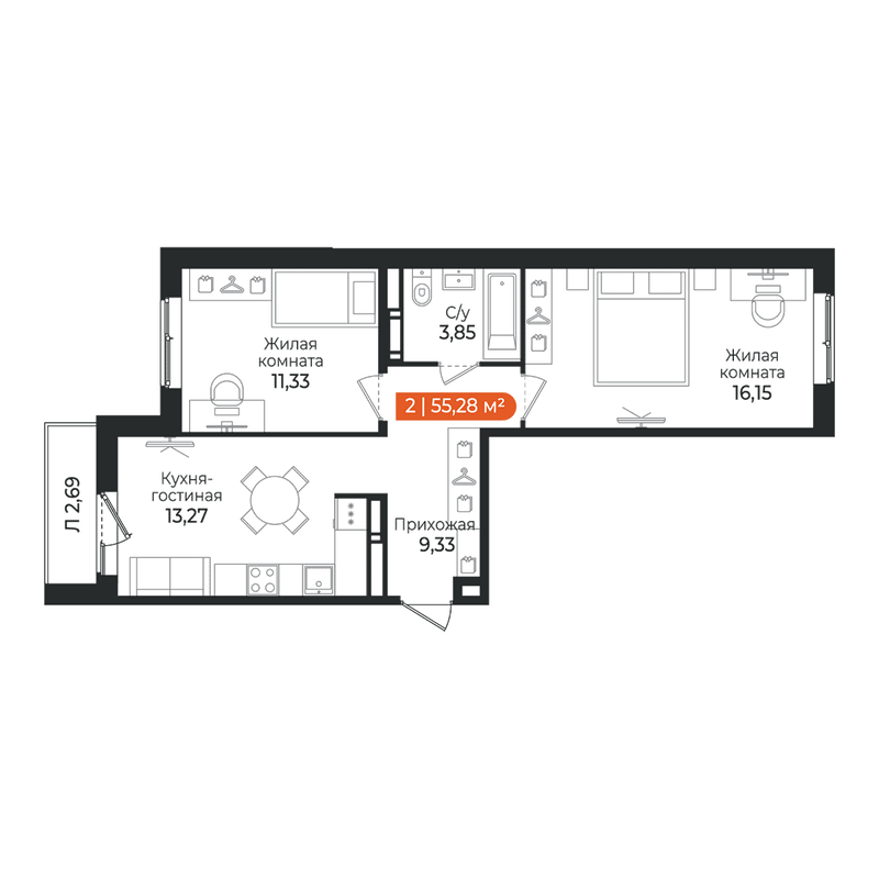 2-комнатная квартира, 55.28 м² в ЖК "Алгоритм Квинта" - планировка, фото №1