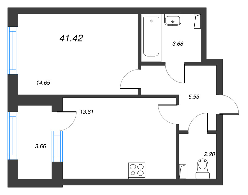 1-комнатная квартира, 41.42 м² в ЖК "Кронфорт. Центральный" - планировка, фото №1