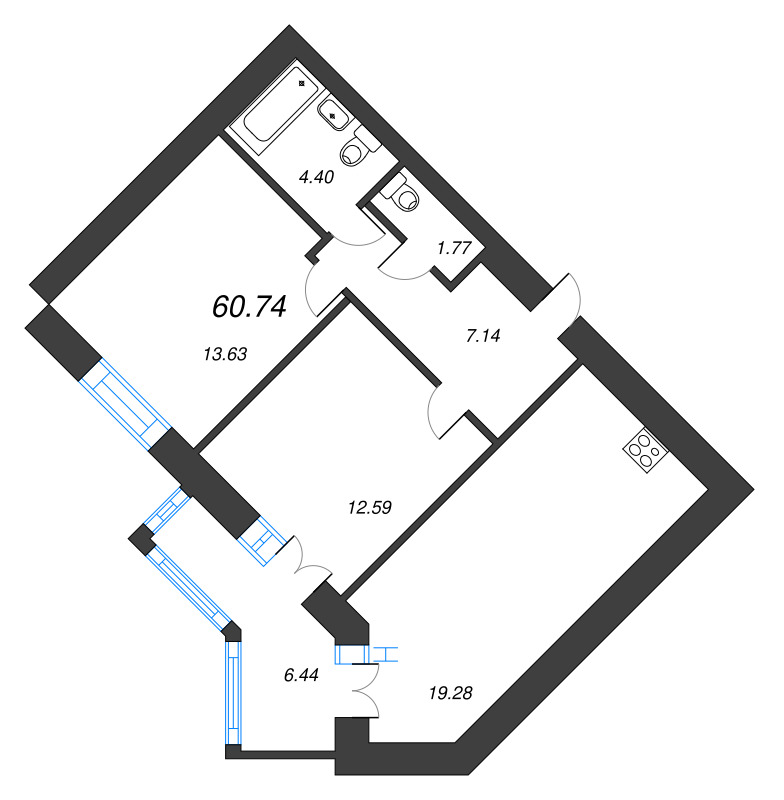2-комнатная квартира, 60.5 м² в ЖК "Листва" - планировка, фото №1