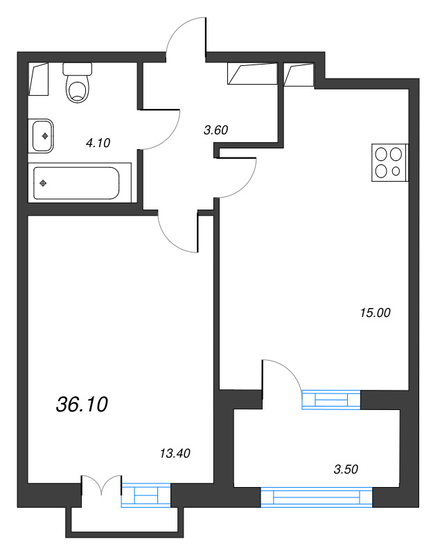 2-комнатная (Евро) квартира, 36.1 м² в ЖК "Дубровский" - планировка, фото №1