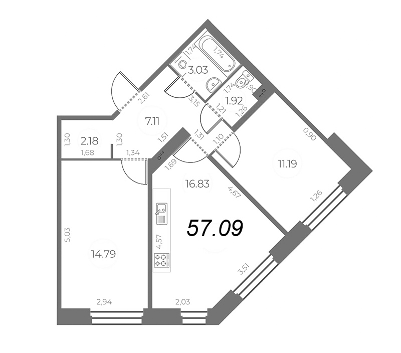 3-комнатная (Евро) квартира, 57.09 м² - планировка, фото №1