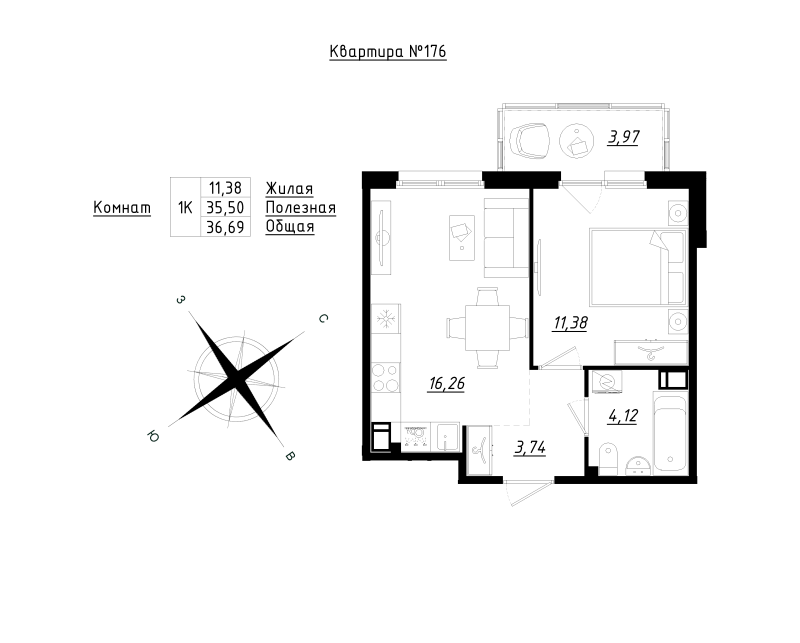 2-комнатная (Евро) квартира, 36.69 м² в ЖК "Счастье 2.0" - планировка, фото №1