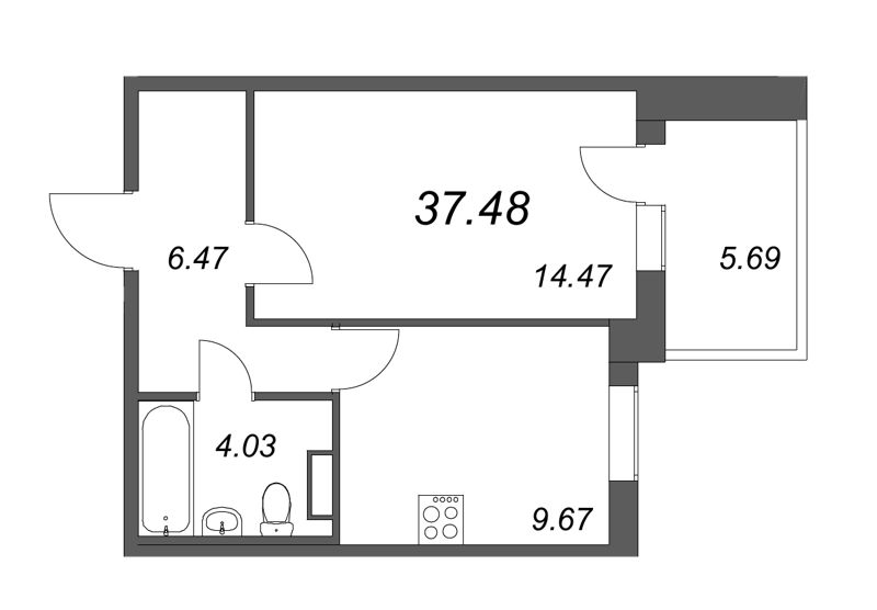 1-комнатная квартира, 34.64 м² в ЖК "Юттери" - планировка, фото №1