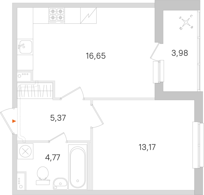 2-комнатная (Евро) квартира, 39.96 м² в ЖК "Ясно.Янино" - планировка, фото №1