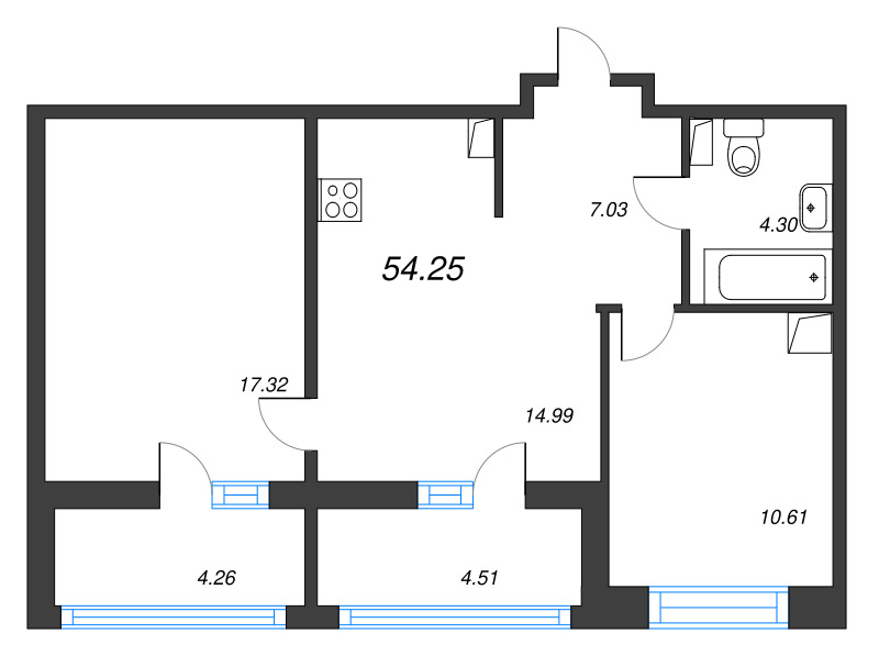 2-комнатная квартира, 54.25 м² - планировка, фото №1