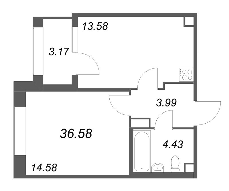 1-комнатная квартира, 36.58 м² в ЖК "Дом на Курской" - планировка, фото №1