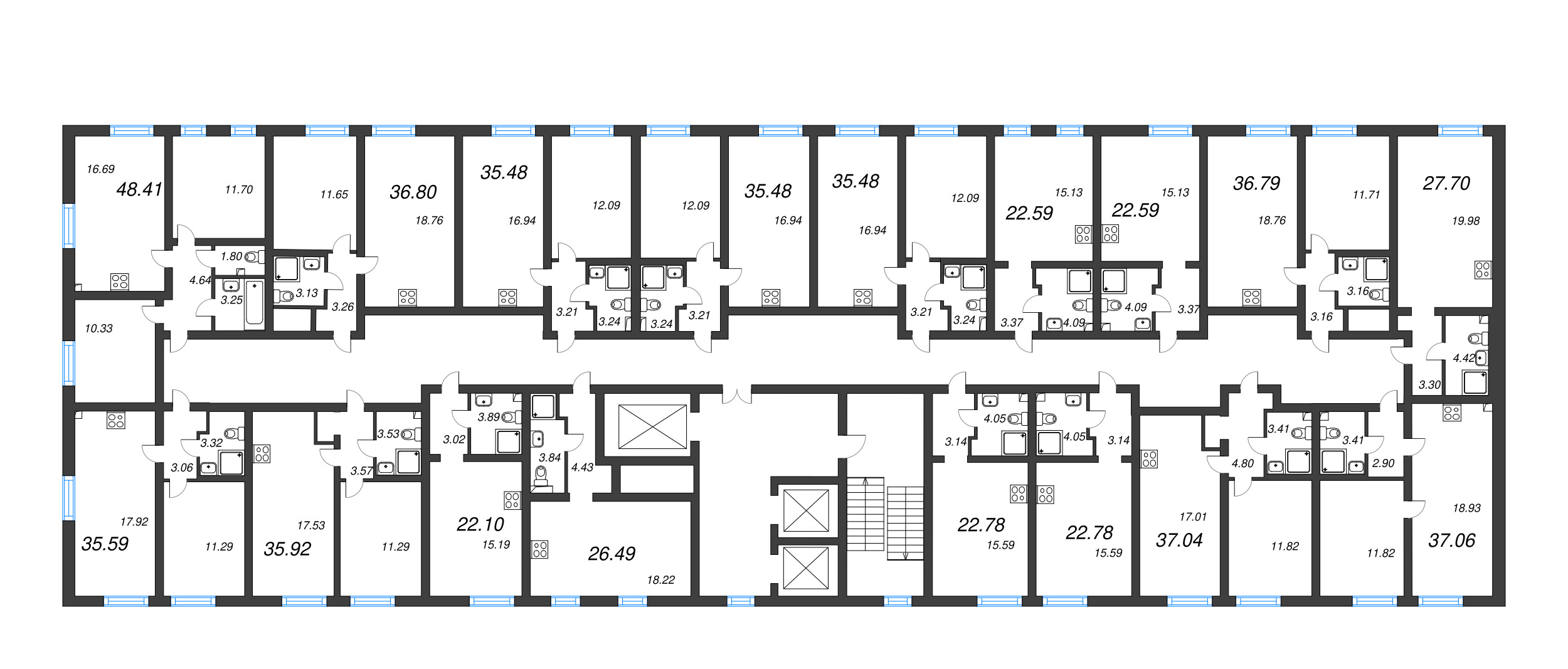 2-комнатная (Евро) квартира, 36.79 м² в ЖК "Морская миля" - планировка этажа