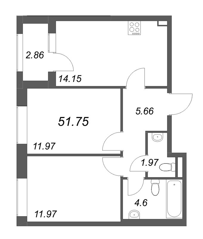 2-комнатная квартира, 51.75 м² в ЖК "Гранат" - планировка, фото №1