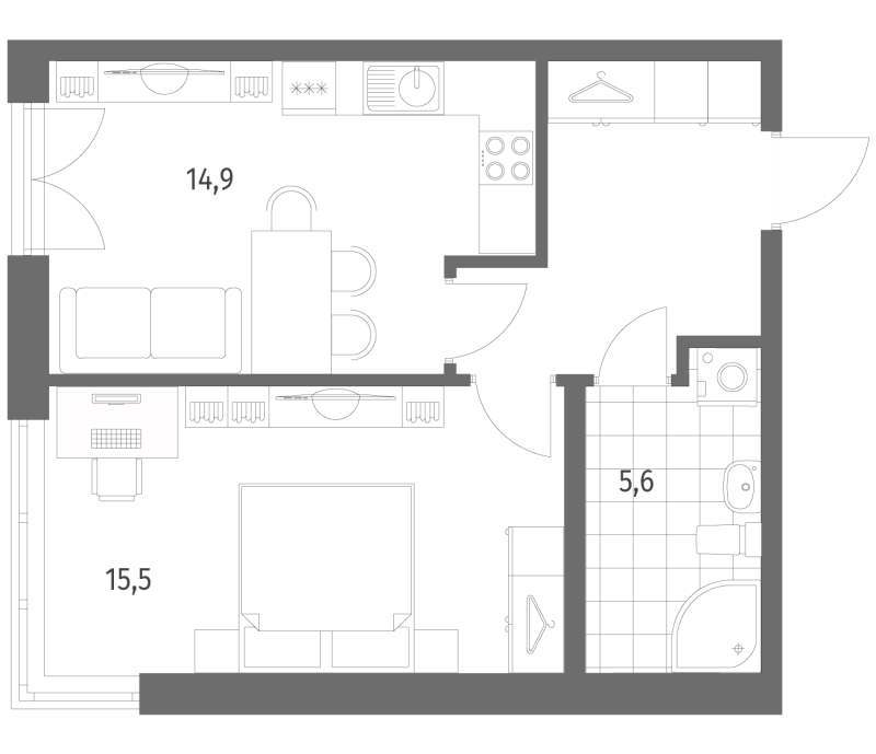 1-комнатная квартира, 43.8 м² в ЖК "Новый Питер" - планировка, фото №1
