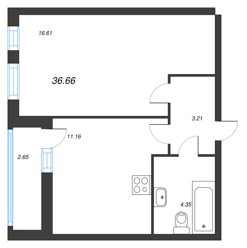 1-комнатная квартира, 36.66 м² в ЖК "Master Place" - планировка, фото №1