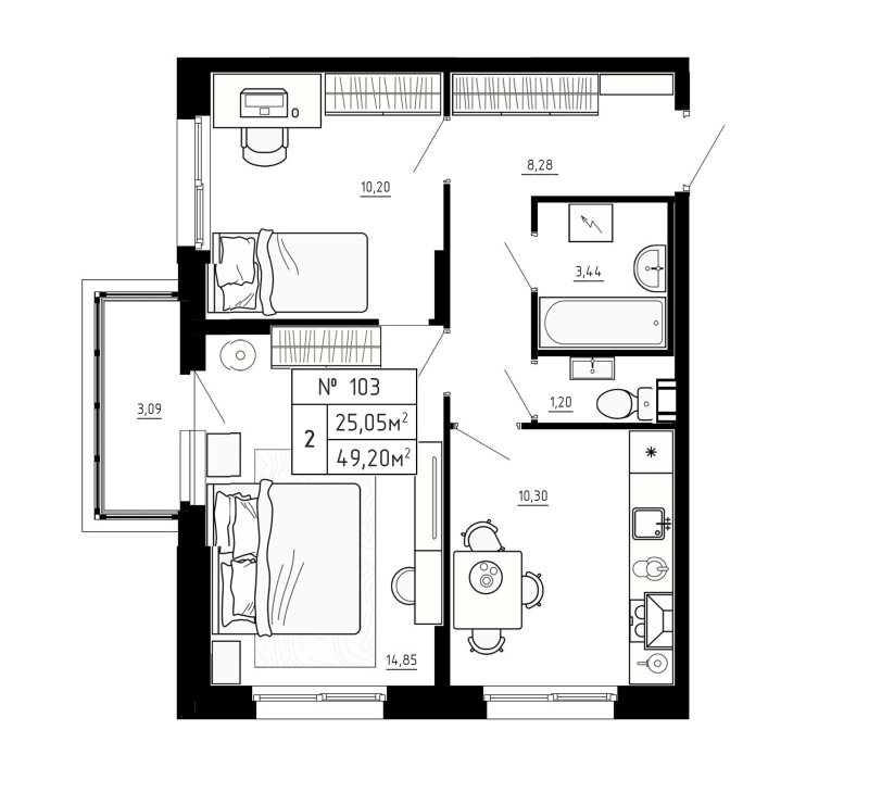 2-комнатная квартира, 49.2 м² в ЖК "Аннино Сити" - планировка, фото №1