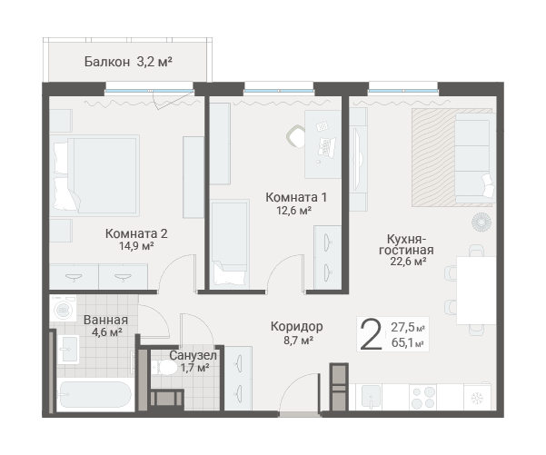 3-комнатная (Евро) квартира, 65.1 м² в ЖК "Руднева 15" - планировка, фото №1