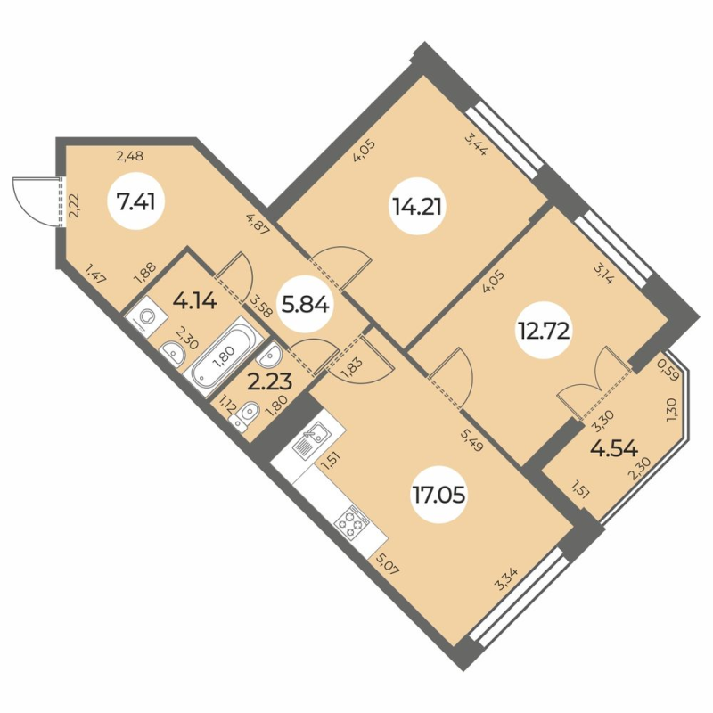 3-комнатная (Евро) квартира, 65.87 м² в ЖК "Огни Залива" - планировка, фото №1