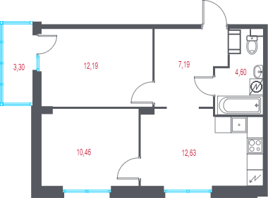 2-комнатная квартира, 48.06 м² - планировка, фото №1