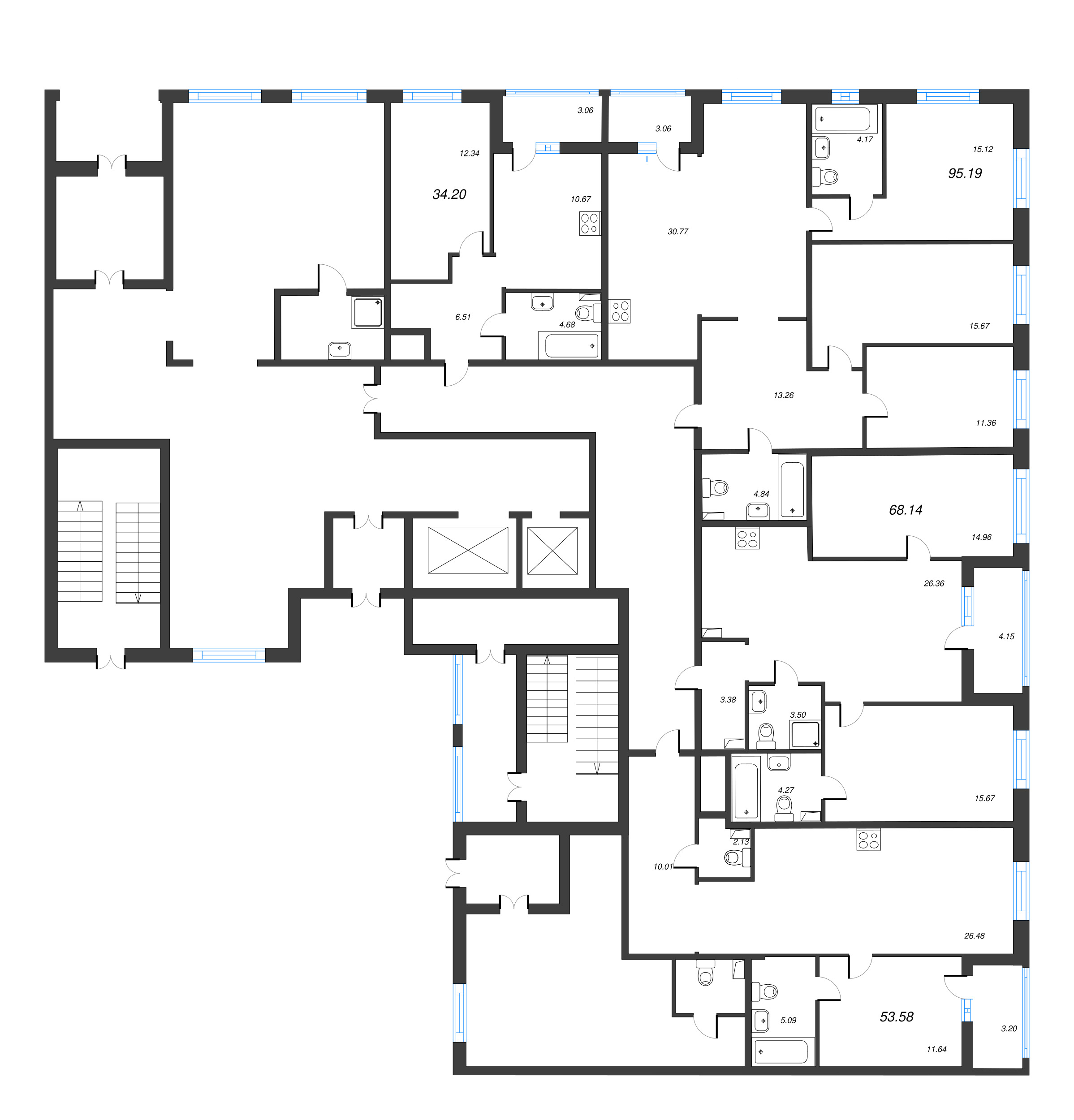4-комнатная (Евро) квартира, 95.19 м² - планировка этажа