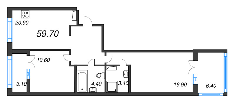 2-комнатная квартира, 59.7 м² - планировка, фото №1