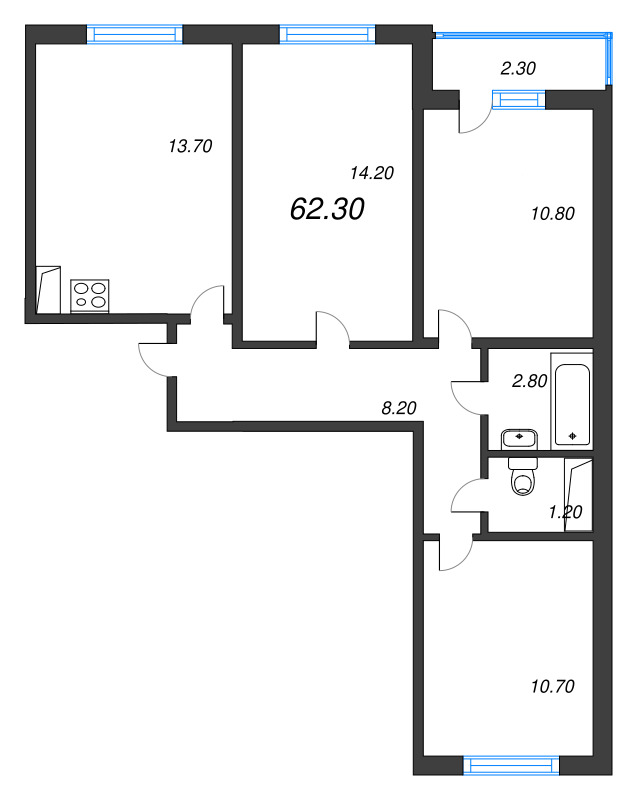 3-комнатная квартира, 62.3 м² - планировка, фото №1