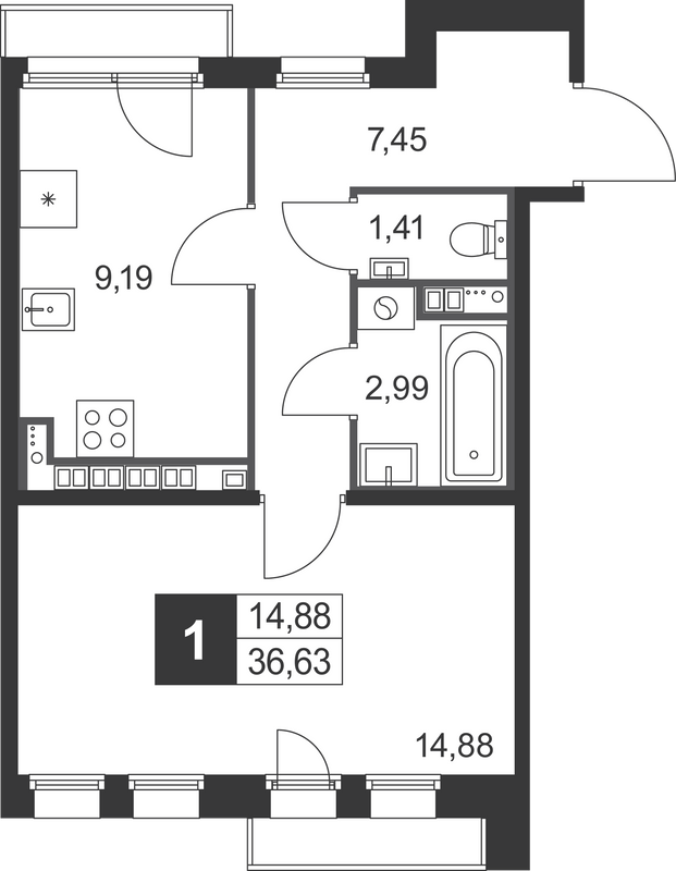 1-комнатная квартира, 36.63 м² в ЖК "Слобода" - планировка, фото №1