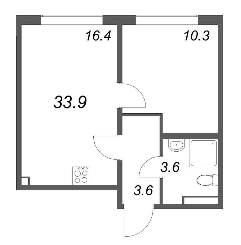2-комнатная (Евро) квартира, 33.9 м² - планировка, фото №1
