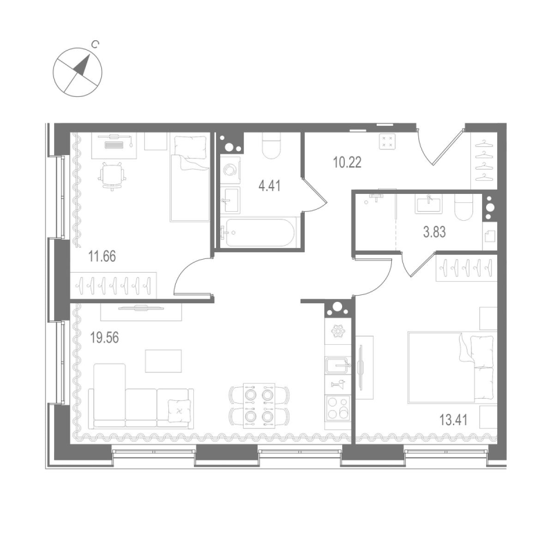 3-комнатная (Евро) квартира, 63.09 м² в ЖК "Остров Первых" - планировка, фото №1