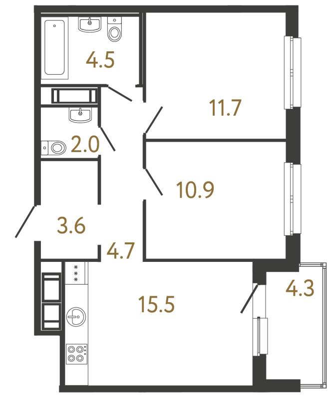 3-комнатная (Евро) квартира, 52.9 м² в ЖК "Передвижники" - планировка, фото №1