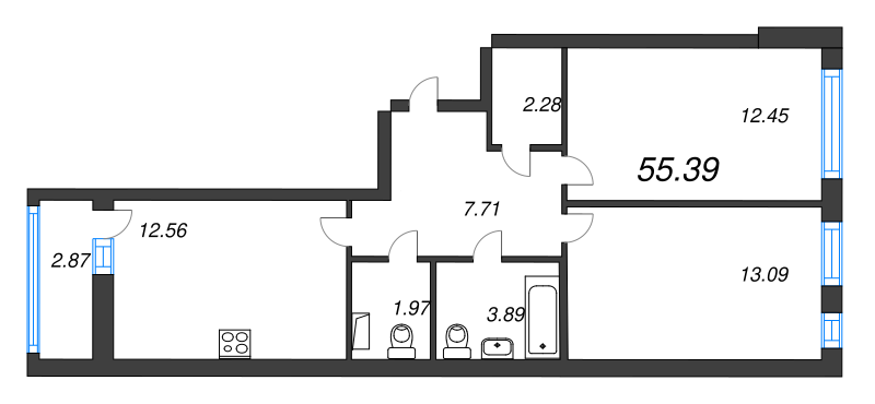 2-комнатная квартира, 55.39 м² - планировка, фото №1