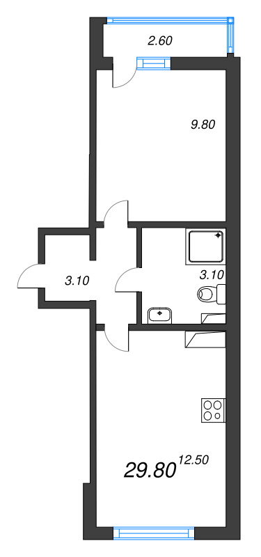 1-комнатная квартира, 28.5 м² - планировка, фото №1