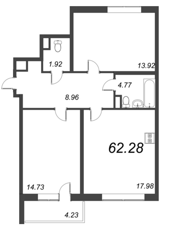 3-комнатная (Евро) квартира, 62.28 м² - планировка, фото №1