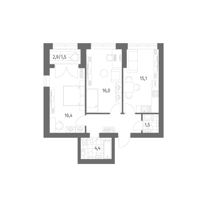 2-комнатная квартира, 62.31 м² в ЖК "Наука" - планировка, фото №1