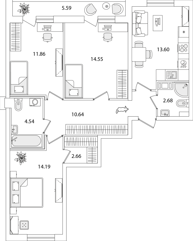 3-комнатная квартира, 77.52 м² - планировка, фото №1