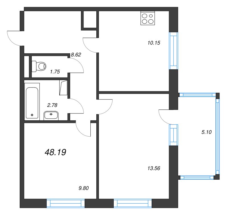 2-комнатная квартира, 51.76 м² - планировка, фото №1