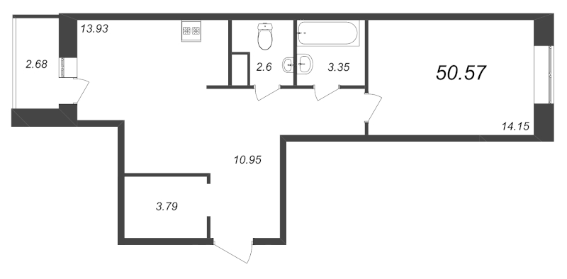 1-комнатная квартира, 50.11 м² - планировка, фото №1