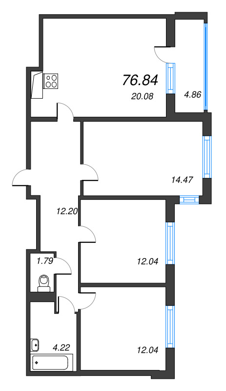 4-комнатная (Евро) квартира, 76.84 м² в ЖК "ЮгТаун" - планировка, фото №1