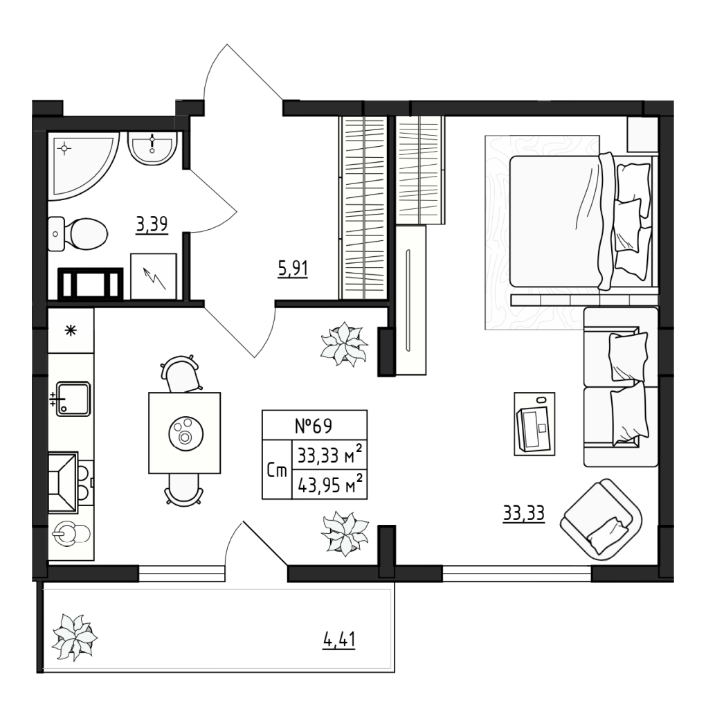 Квартира-студия, 43.95 м² в ЖК "Верево Сити" - планировка, фото №1