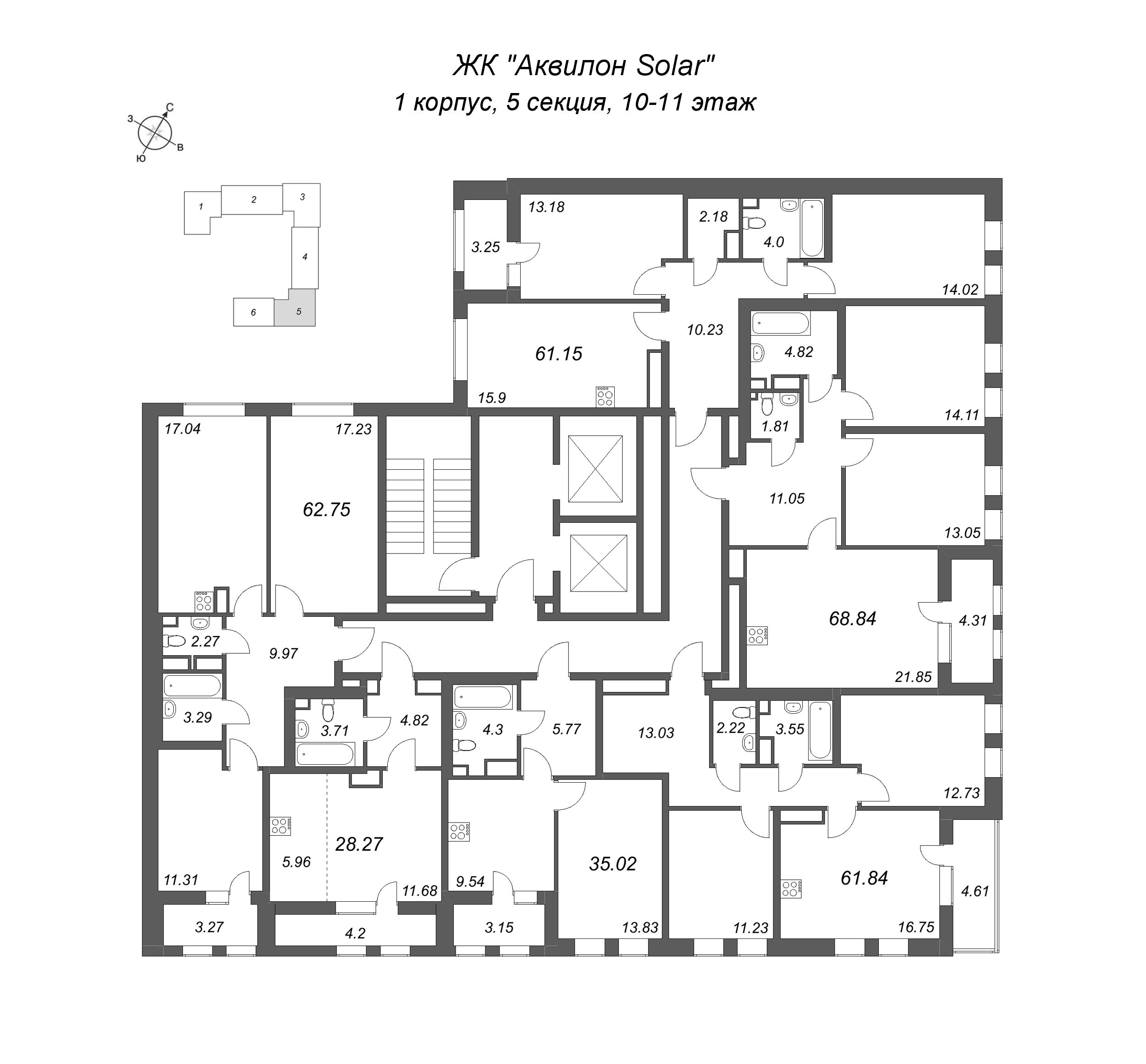 1-комнатная квартира, 35.02 м² в ЖК "Аквилон Солар" - планировка этажа