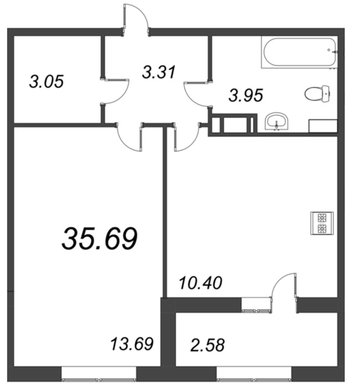 1-комнатная квартира, 35.69 м² - планировка, фото №1