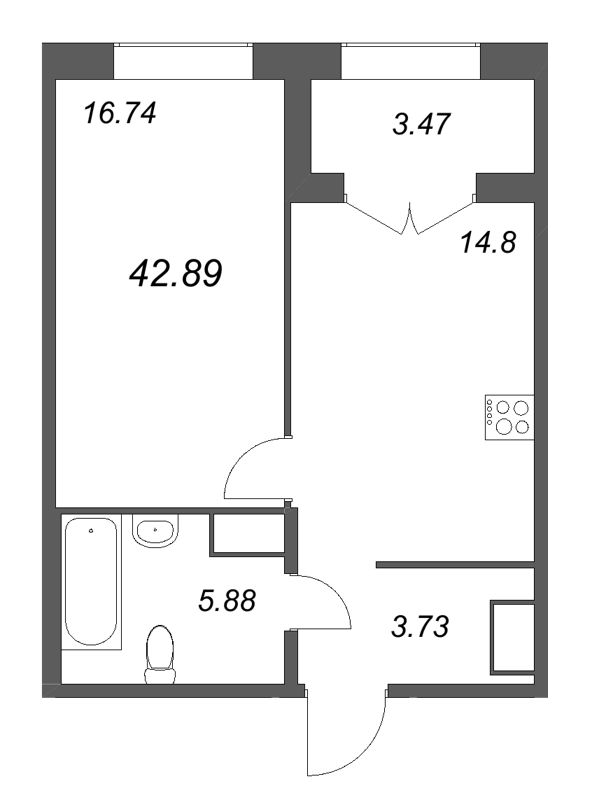 1-комнатная квартира, 42.89 м² в ЖК "Речной квартал" - планировка, фото №1