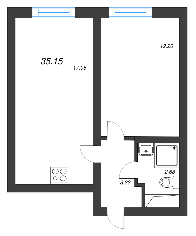 2-комнатная (Евро) квартира, 35.15 м² в ЖК "Морская миля" - планировка, фото №1