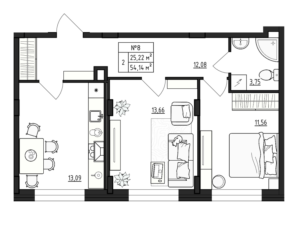 2-комнатная квартира, 54.14 м² - планировка, фото №1