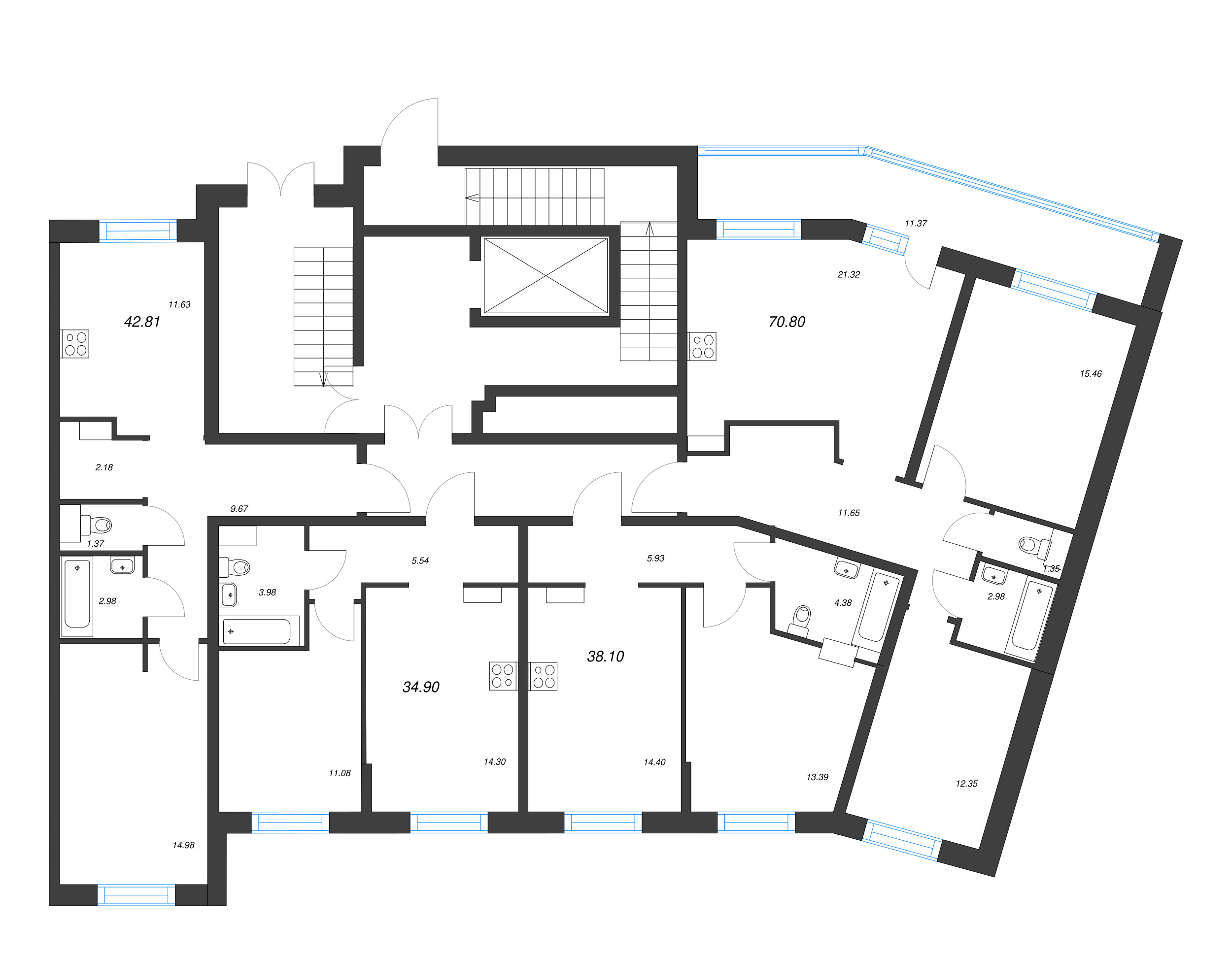 3-комнатная (Евро) квартира, 70.8 м² - планировка этажа