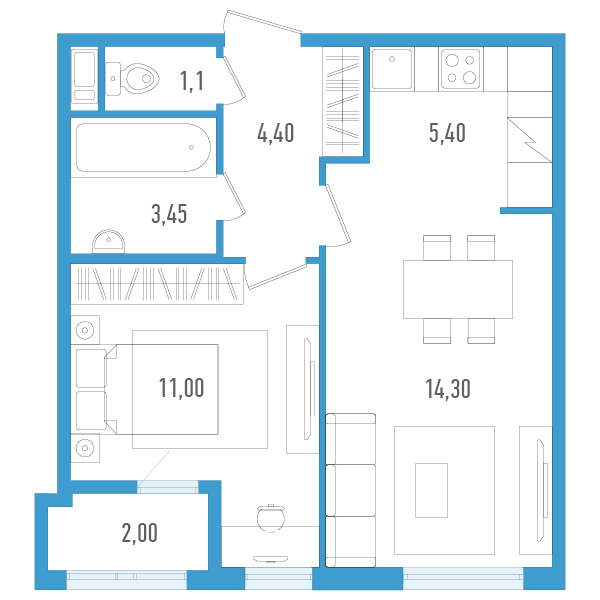 1-комнатная квартира, 40.65 м² в ЖК "AEROCITY" - планировка, фото №1