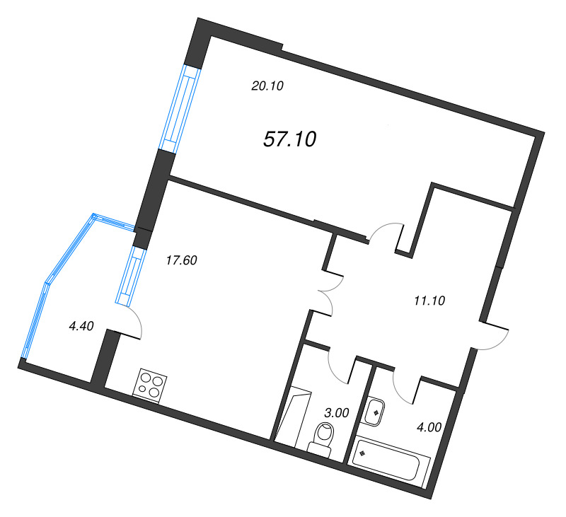 1-комнатная квартира, 57.1 м² в ЖК "Lotos Club" - планировка, фото №1