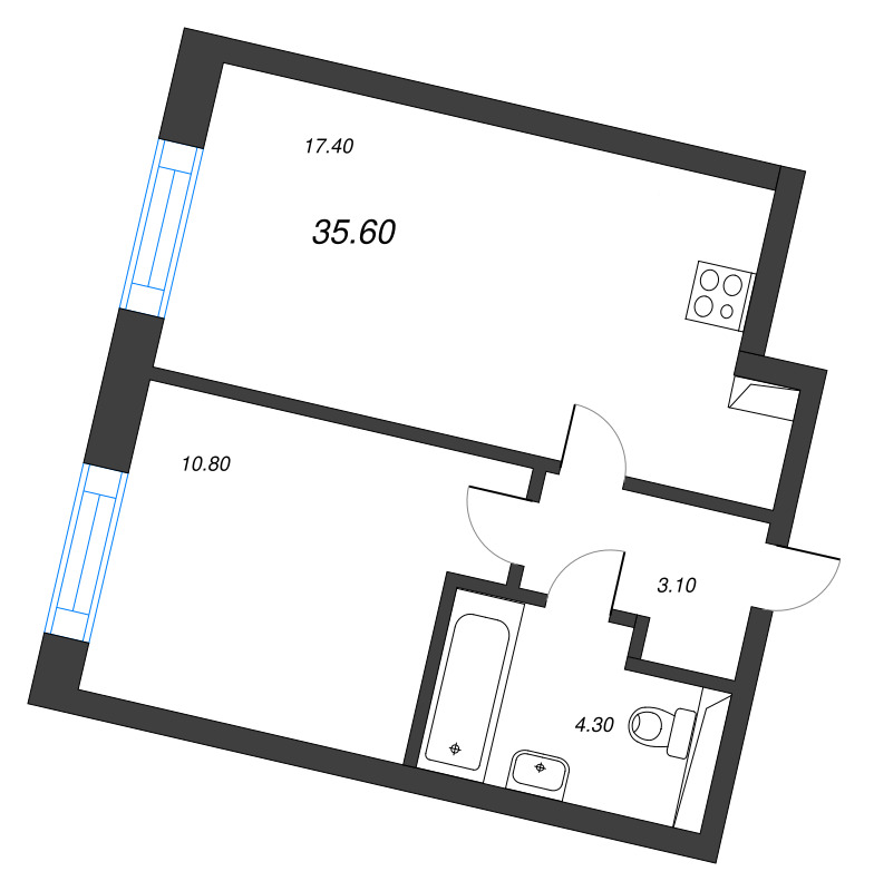 2-комнатная (Евро) квартира, 35.6 м² в ЖК "Большая Охта" - планировка, фото №1