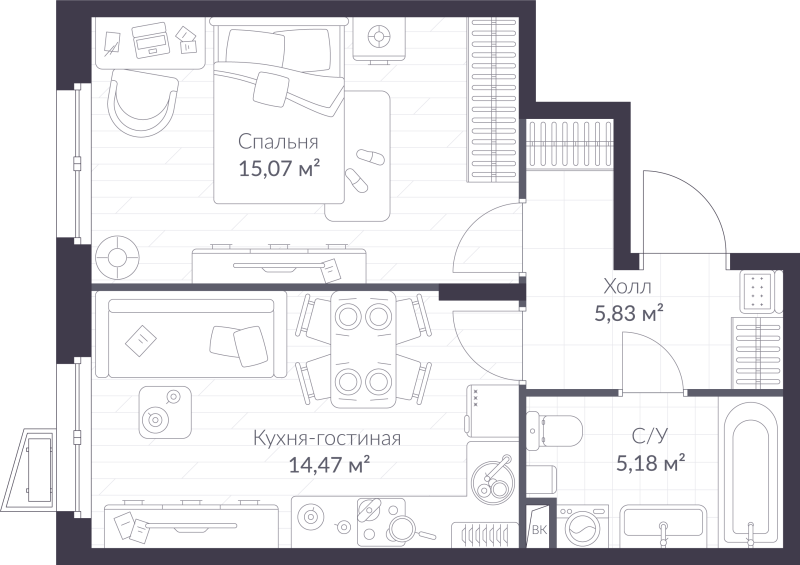 1-комнатная квартира, 40.55 м² в ЖК "VEREN NORT сертолово" - планировка, фото №1